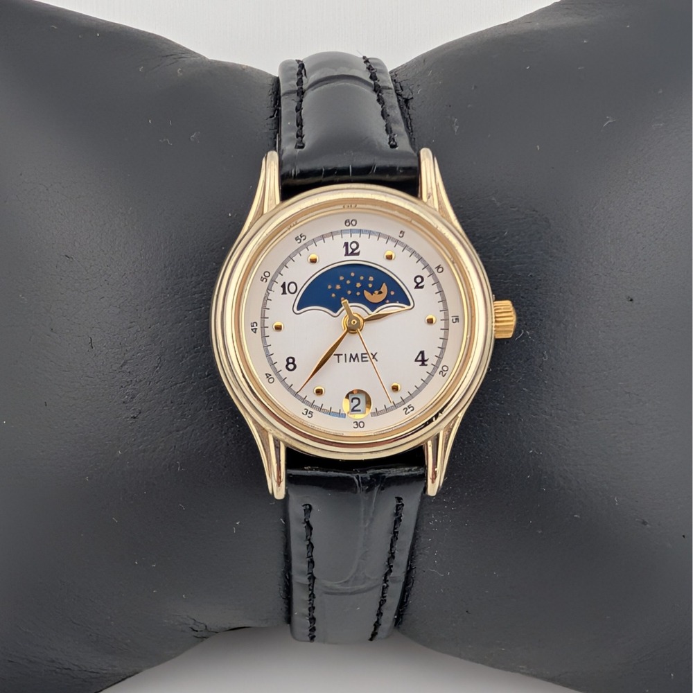 Timex Moon Phase Style Gold Tone Watch White Dial Date Vintage